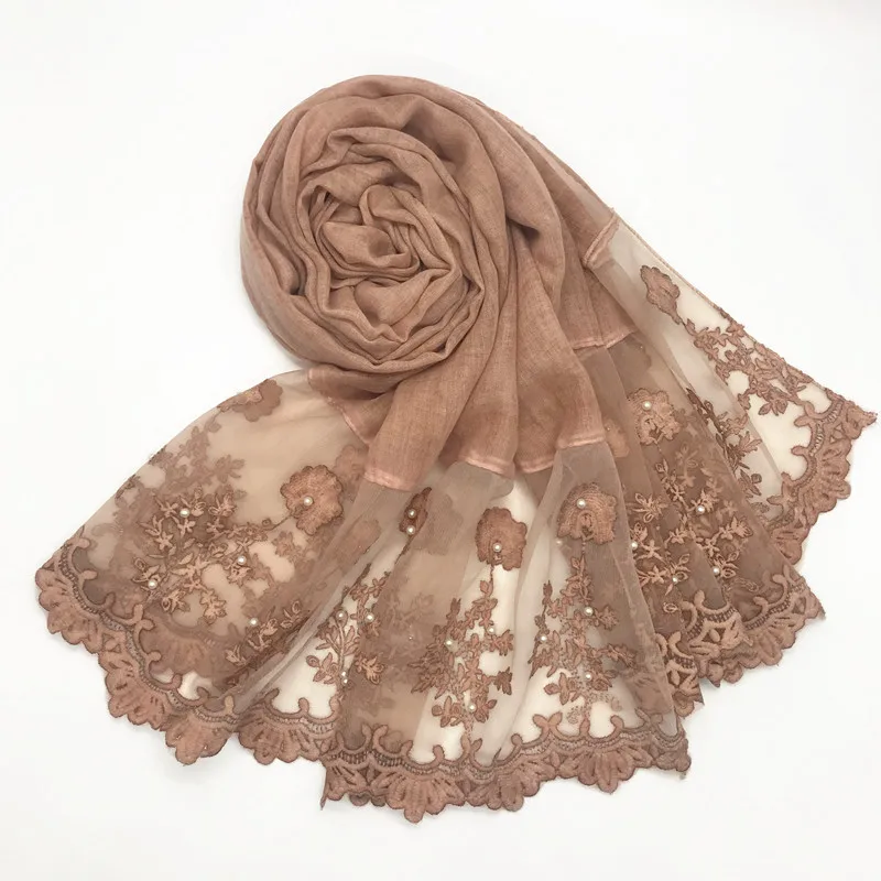 Fashion Luxury Lace Scarf Muslim Hijab Women Shawl Embroider Flower Foulard Pretty Hijabs Scarfs 180*80CM