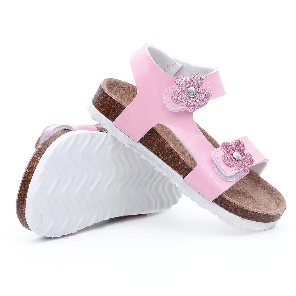 Hotsale High Quality Toddler Kid Girl Flower Sandals with Cow Leather Insole and Cork Foot-bed