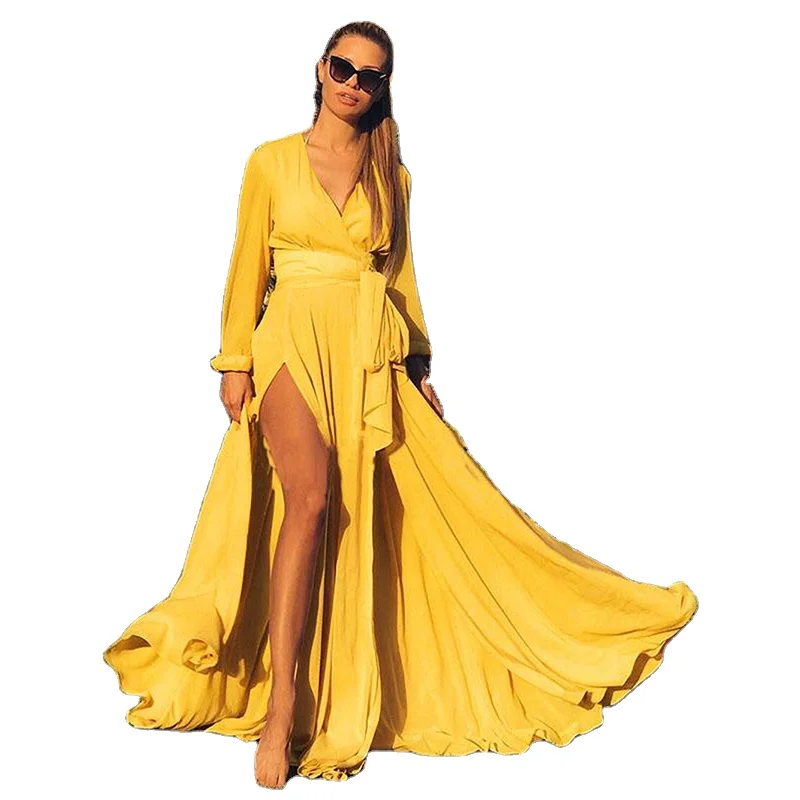 Fashion Custom Sexy Lady V Neck Ruffle Women Elegant Autumn Casual Chiffon Split Maxi Dresses