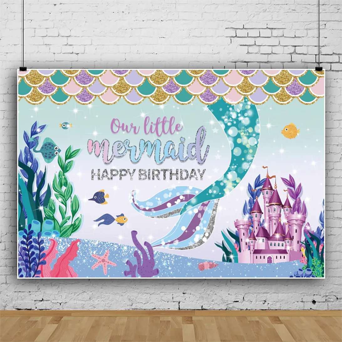 7x5ft Mermaid Under The Sea Photography Backdrop Props Ocean Purple and Teal Girl One Birthday Party Decoration Starfish Shell