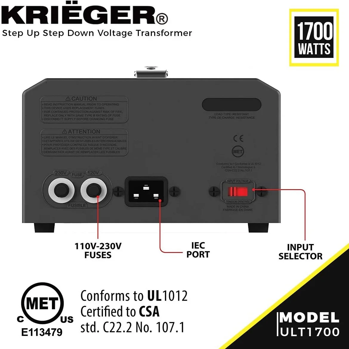 Krieger 1700 Watt Voltage Transformer 110/120V to 220/240V Step Up transformer MET Approved