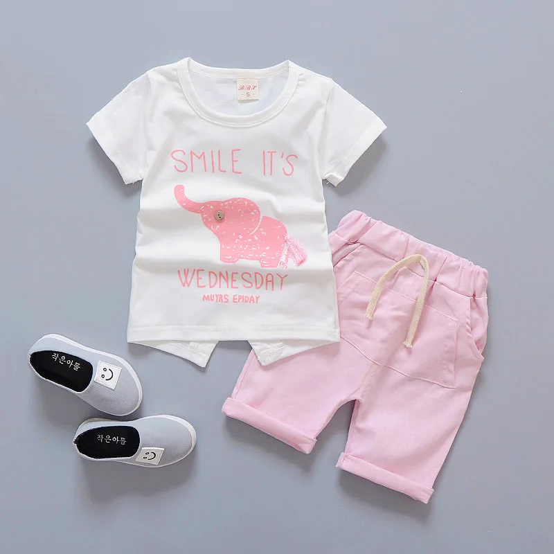 Korean Version Boys Summer Two-Piece Set Casual Cotton Short Sleeve Shorts with Printed Elephant Kids Summer Wear