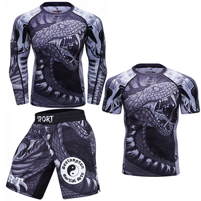 Custom Printed Designs Men Sports Suit MMA Rashguard Quick Dry Sportswear Compression Clothing Fitness Muay Thai Shorts kit