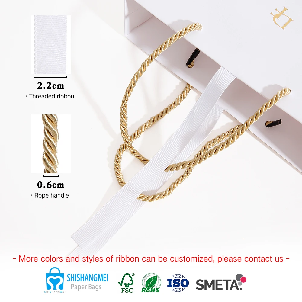 Hot Stamping Logo Recyclable White Gift Ribbon Paper Bags Customised Jewelry Packaging Luxury Paper Bags