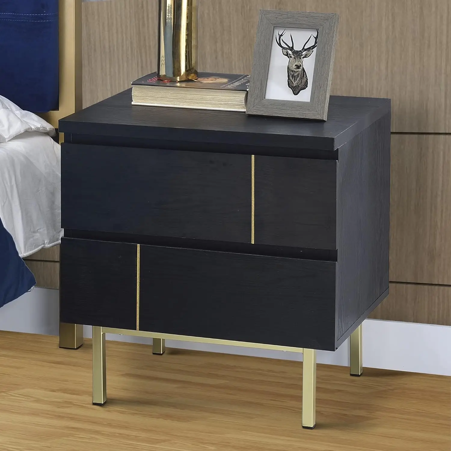 Modern Wooden Nightstand with Metal Block Legs And Two Drawers
