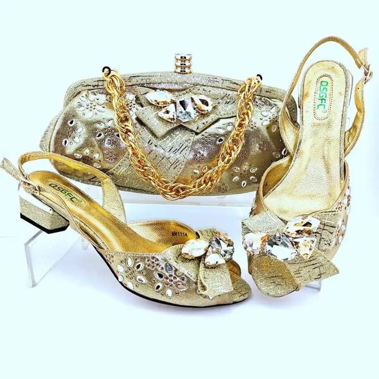 AB8644 Nigeria Gold Latest Low Heeled Shoes Italian and Bags Set for Weeding Party