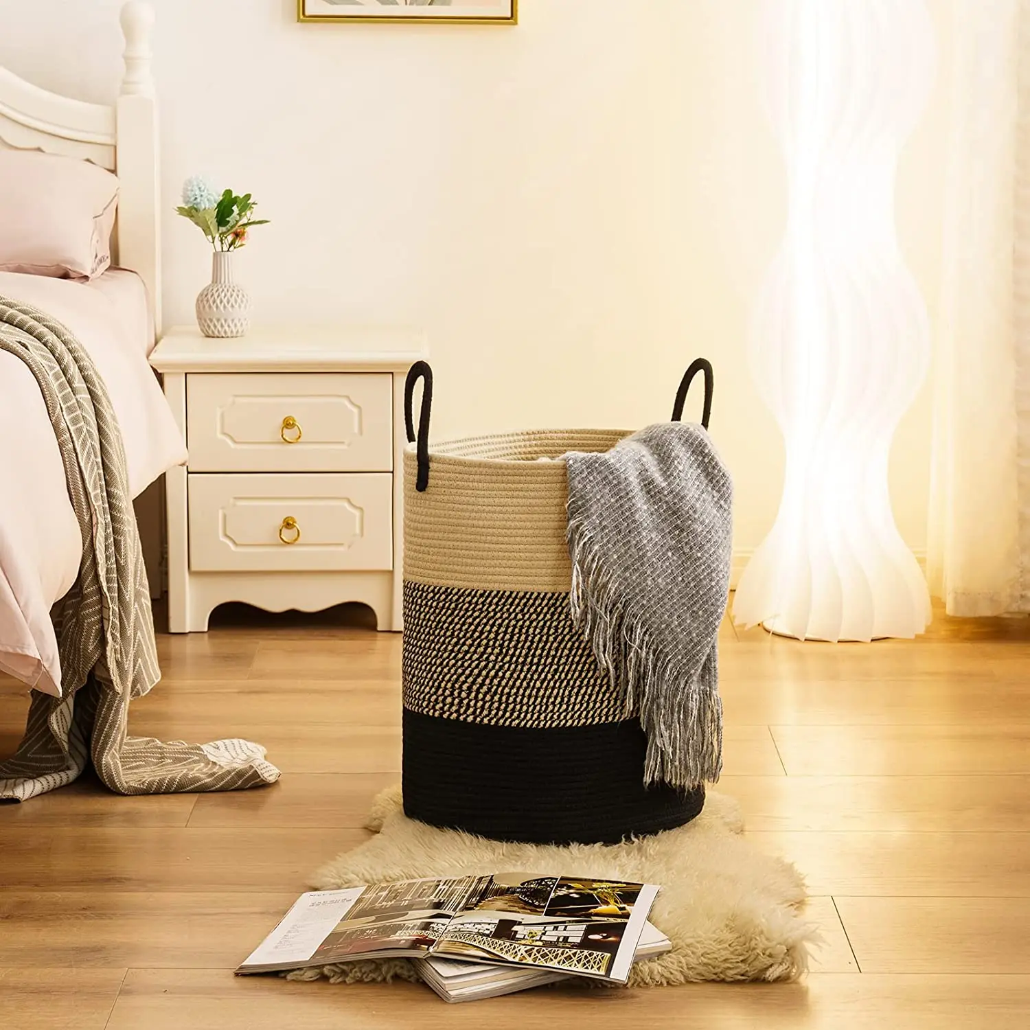 Cotton Rope Laundry Hamper Woven Collapsible Laundry Basket Clothes Storage Basket for Blankets Laundry Room Organizing Clothes