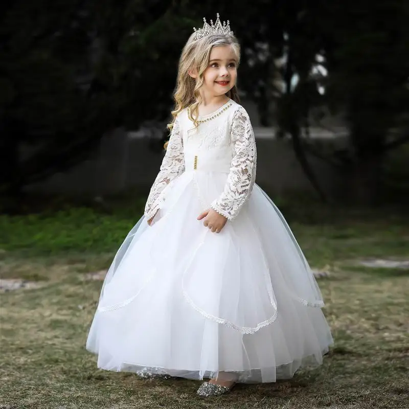 Baby Boutique Prom Dress Full-length Long Lace Sleeve Children Wedding Ball Gown