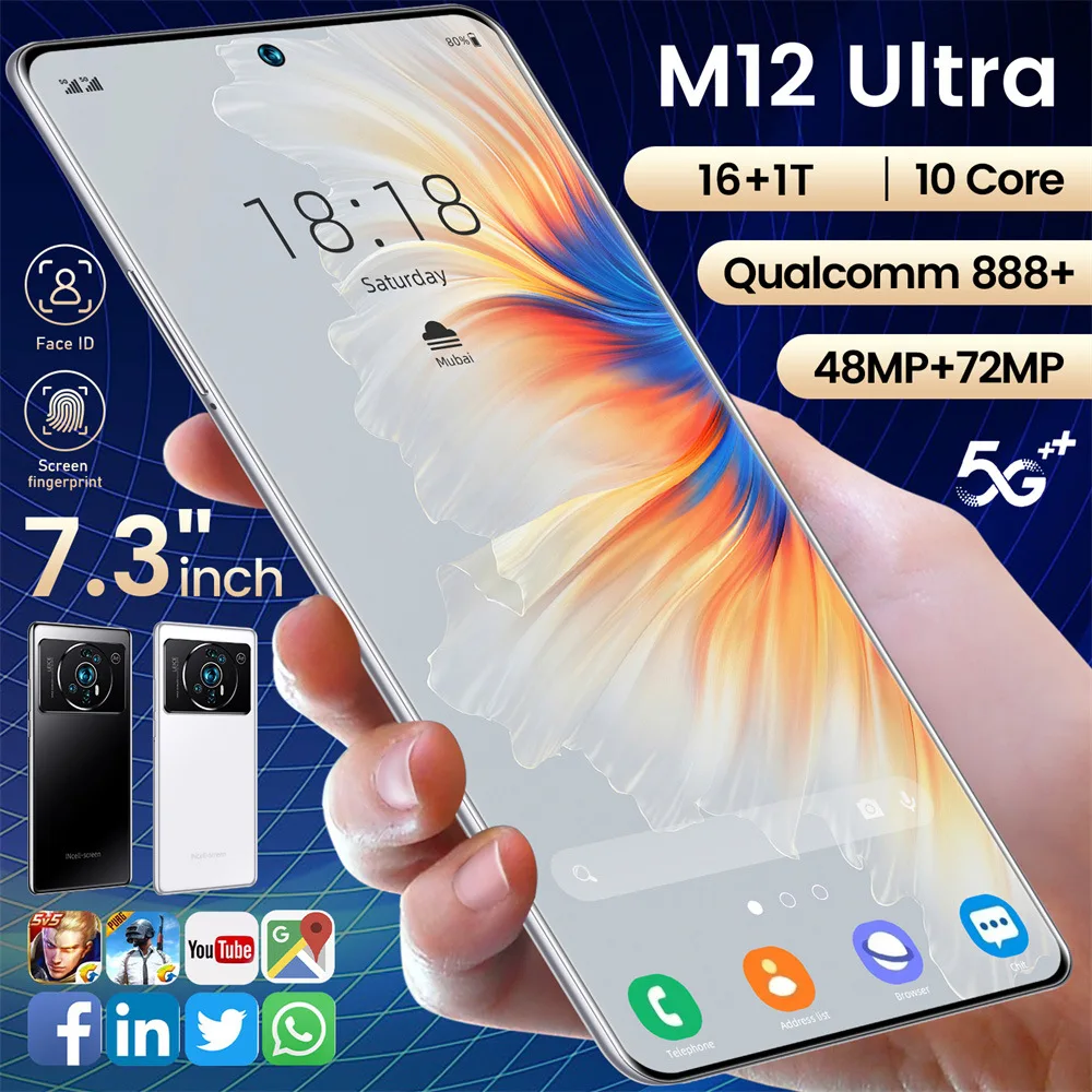 Mobile phone M12 Ultra True perforation 7.3 Inch large screen 800 10,000 pixels Android 11 True 4G (3+64