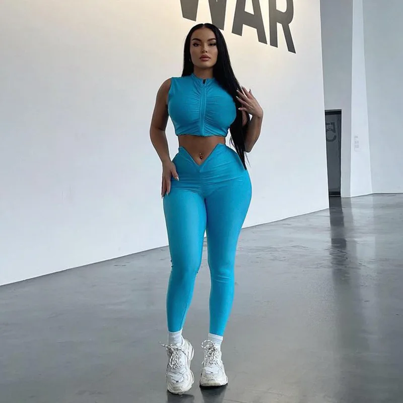 2023 Sexy Short Sleeve Solid Color Womens Clothing Two Piece Pants Set Two Piece Set Women Clothing