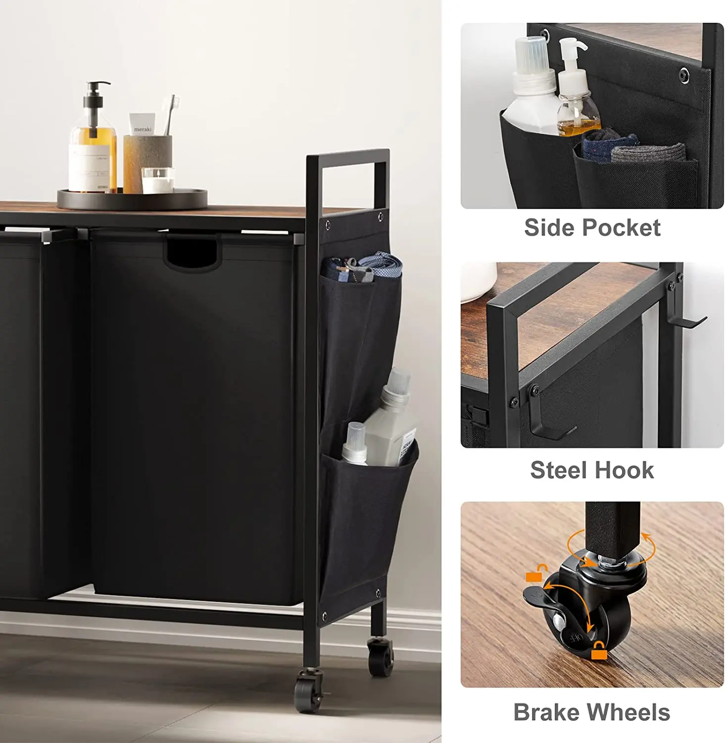 Double Laundry Bag Foldable Laundry Hamper Durable Basket Metal Laundry basket with Wheels and lid