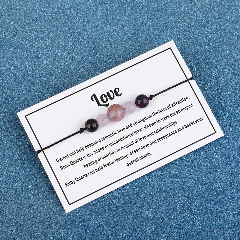 Natural stone Beads Garnet Pink Rose Love Card Bracelet ST264