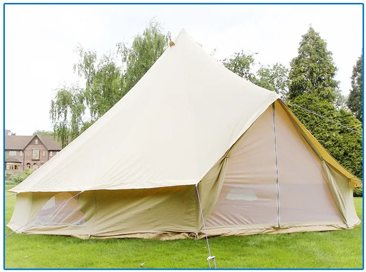 Qibu 4-season Waterproof Cotton Canvas Large Family Camp Beige Color Bell Tent Hunting Wall Tent With Roof Stove Jack Hole