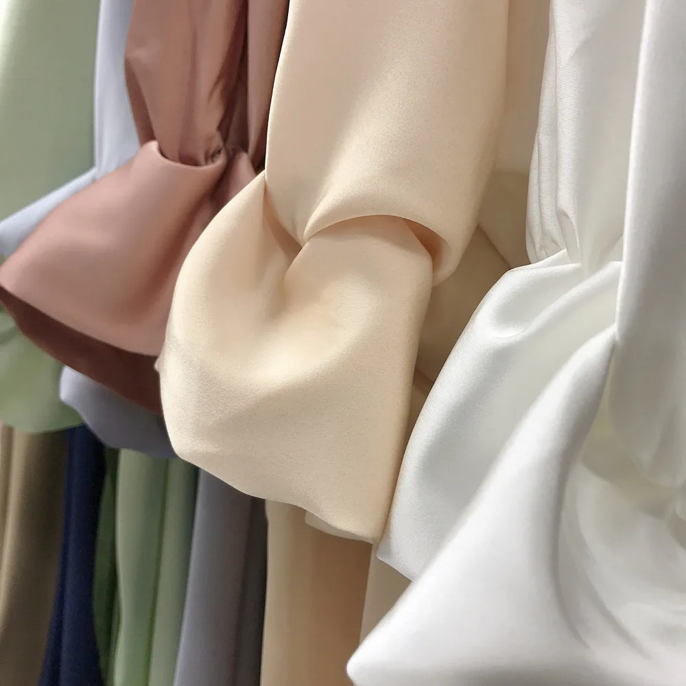 Fashion Puff Sleeve Islamic Cardigan Robe Abaya Muslim Elegant Satin Solid Color kimono Abaya Dubai