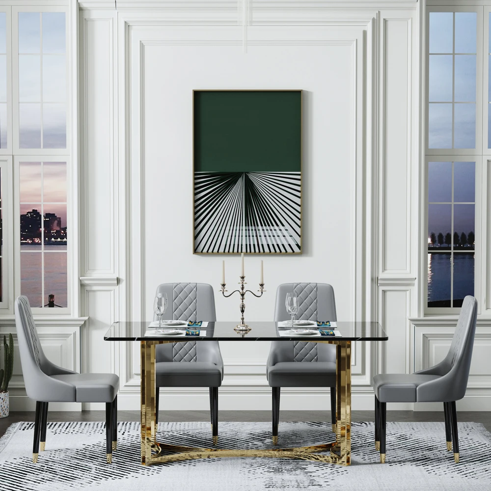 Luxury Nordic European Modern Design Black Marble 4 Seater Dining Table Set 6 Chairs Console Corner Dining Room Sets Furniture