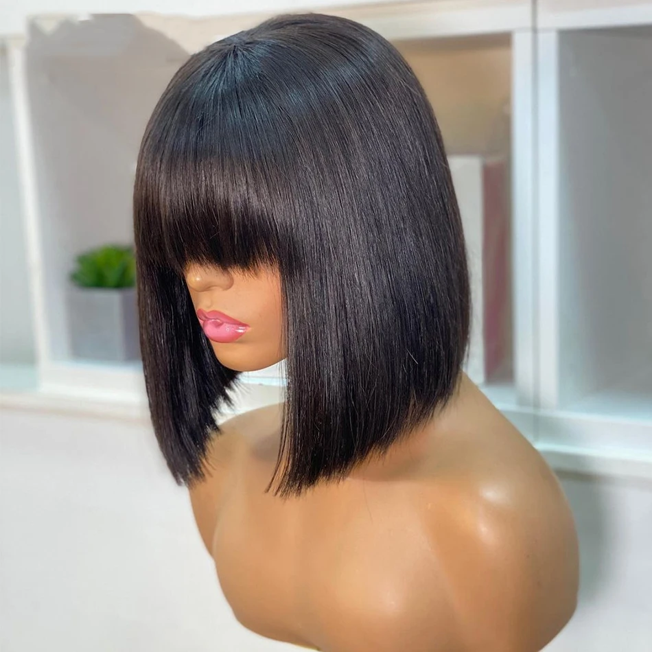 Natural Straight Short BOb Wigs With Bangs Vendors Brazilian Human Hair Wig Bulk Virgin Remy Machine Made Cheap Wigs