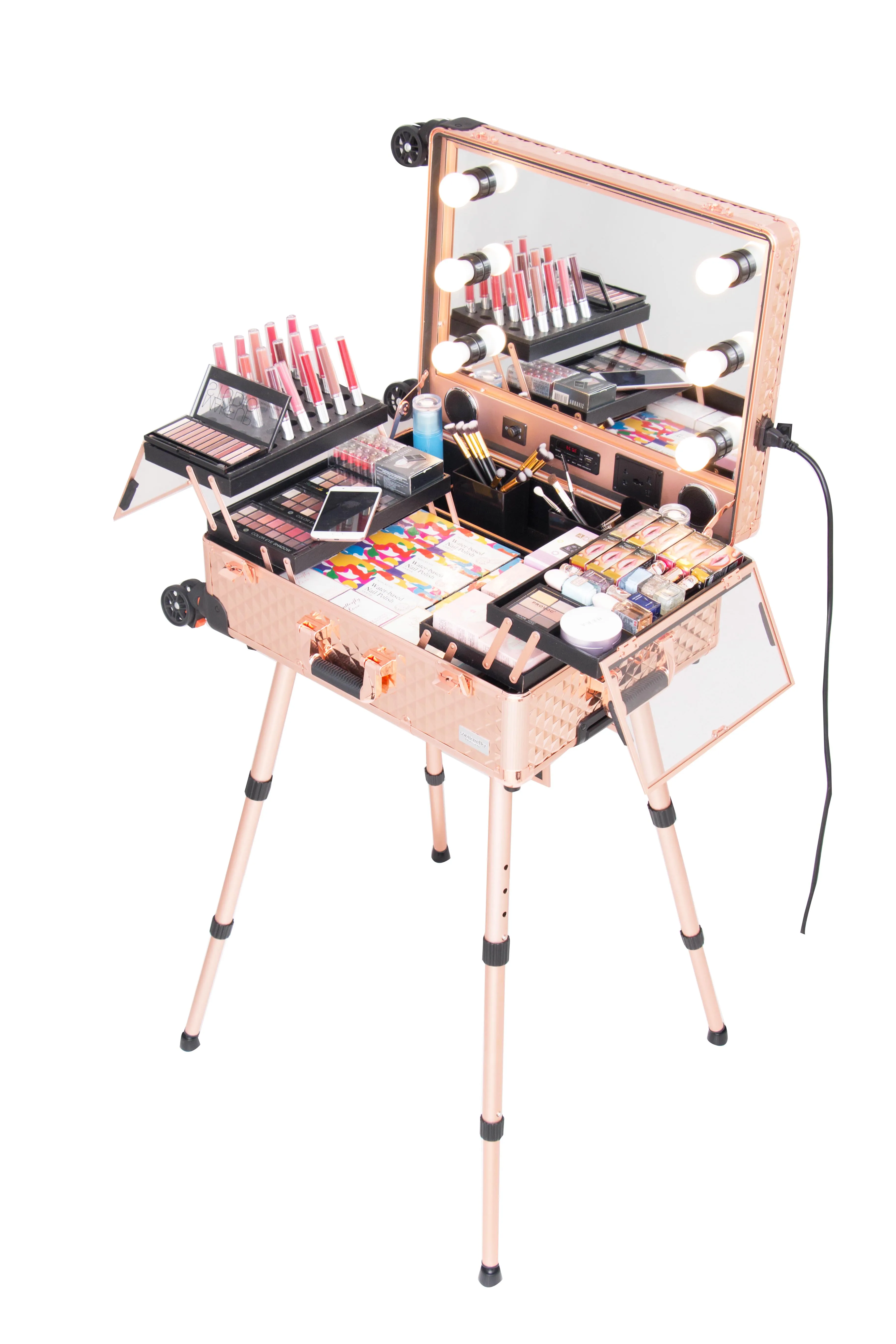 FAMA certificated factory Professional Aluminum makeup case trolley makeup train case with stands KC-269 rose gold