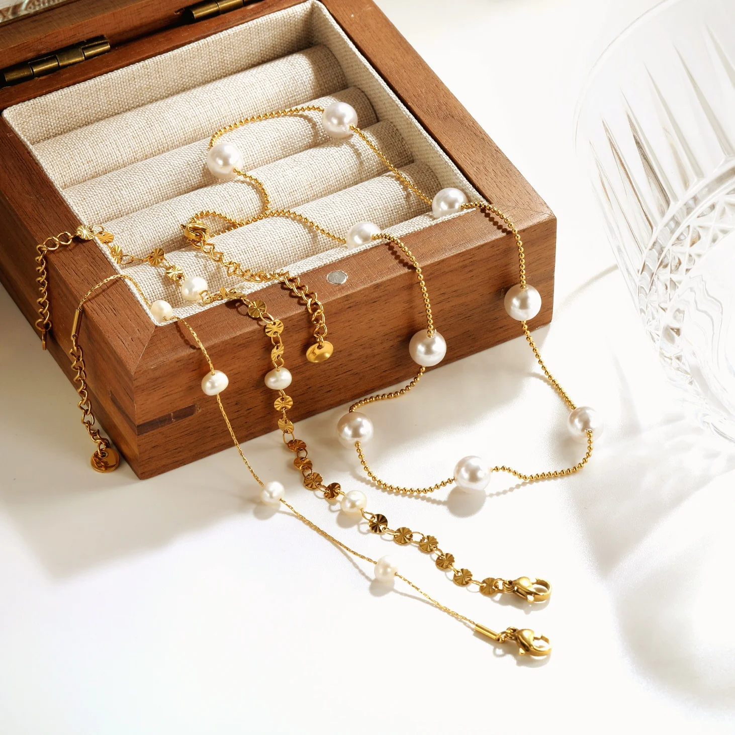 Trendy Elegant Women Jewelry Wholesale Custom Waterproof 18k Gold Plated Stainless Steel Pearl Necklace Set With Bracelet