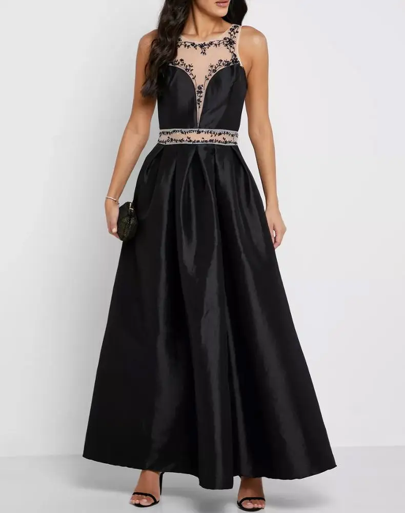 2024 Summer New Black Women Embroidered Mesh Detail Gown Dress
