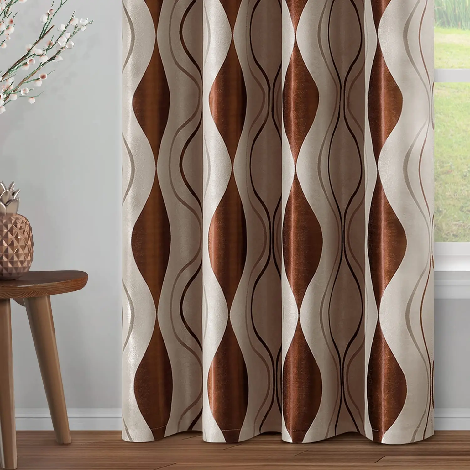 Wave Room Darkening Curtains Brown and Beige Jacquard Grommet Window Curtains for Living Room