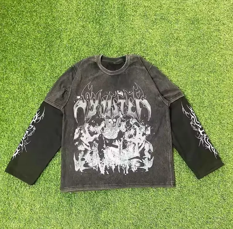 Manufacturer Fitted Double Layer Tee Heavyweight Screen Dtg Printing Graphic Acid Washed Double Layer Long Sleeve T-shirt Men
