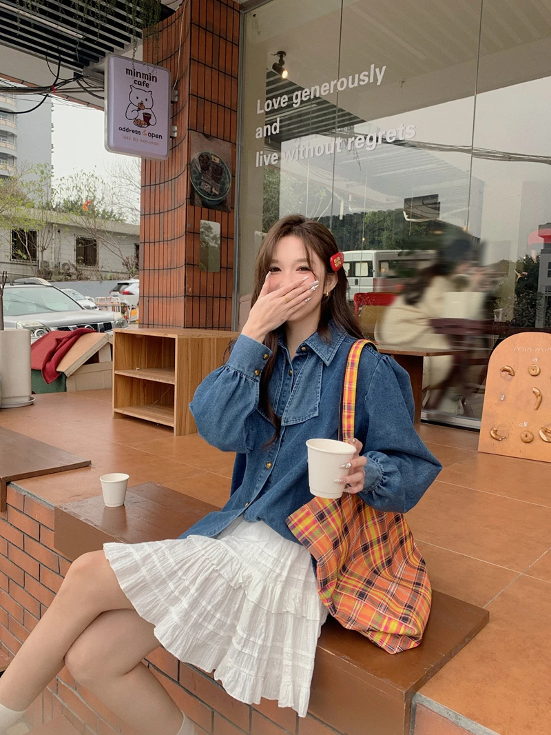 Autumn Winter Denim Women Shirts Bows Sweet Solid Korean Fashion Basics Blouses Elegant Casual Loose Blouse Mujer