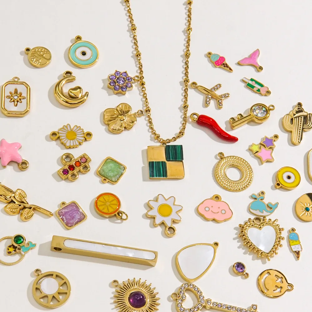 Assorted Stainless Steel Gold Plated Dripping Oil Enamel CZ White Shell Charms Personalized Pendants Bracelet Necklace Accessory