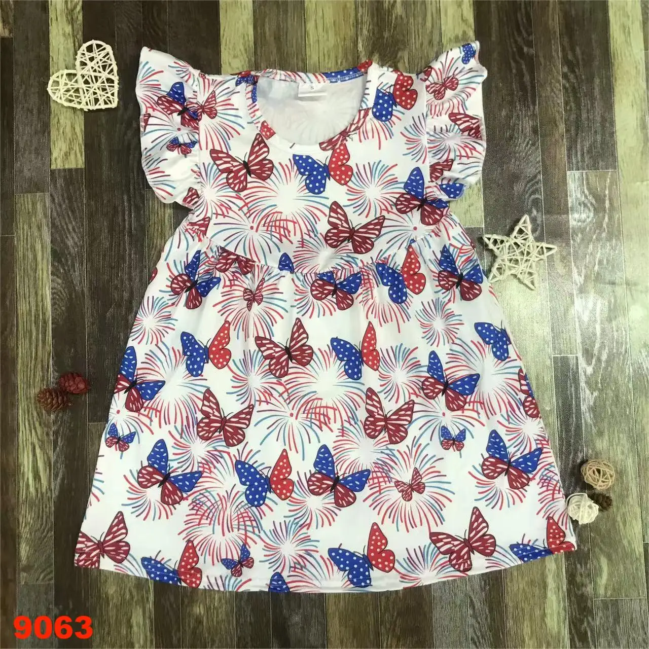 Flying Butterfly Girl Dress White Printed Short Sleeve Pearl Dress Wholesale Clothing