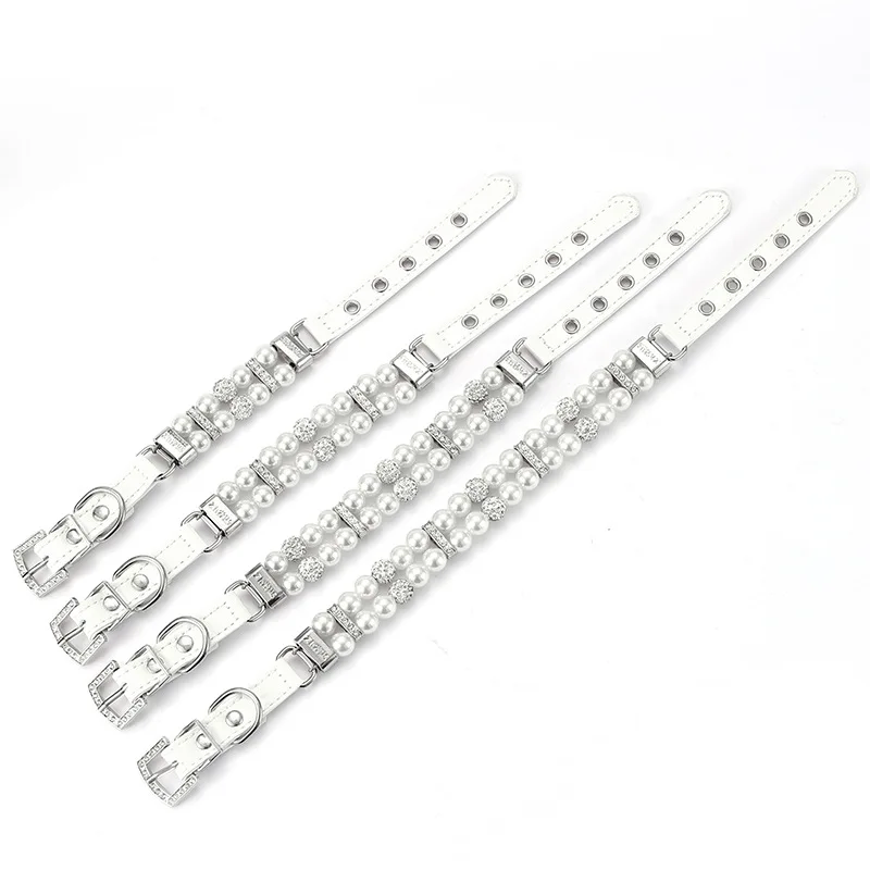 Wholesale Cute Fashion Pet Pu Leather Collars Necklace With Crystal Rhinestone Small Dog Cat Pearl Collars Pearl Necklace Set