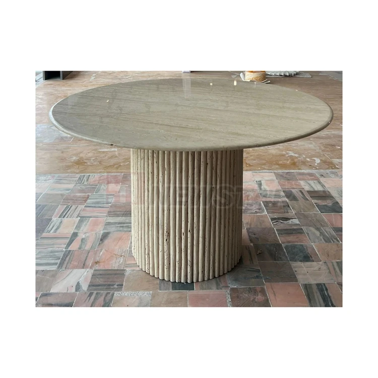 Newstar Luxury Stone Tables Round Beige Travertine Marble Dining Table Set Modern Dining Room Dining Table Set