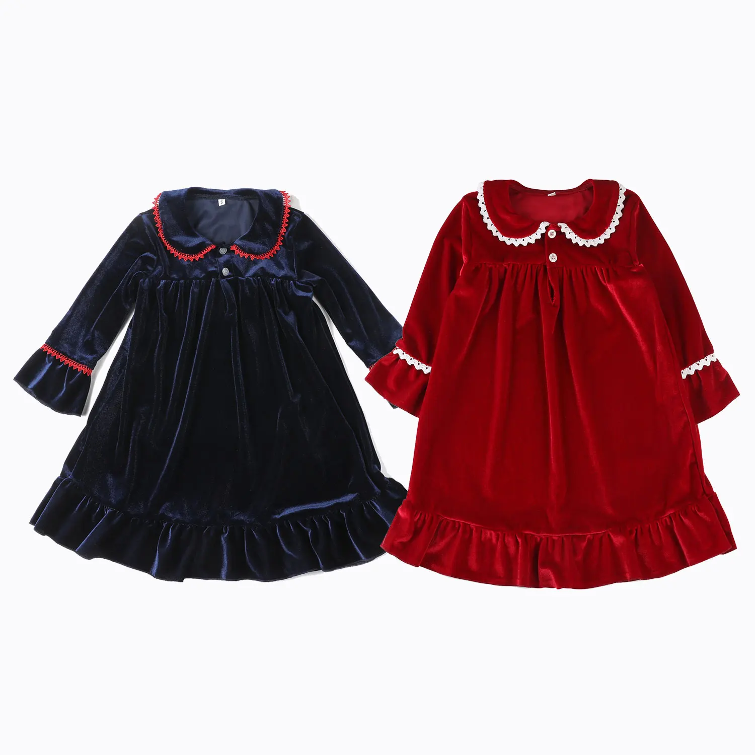 Mommy and me Luxury Personaliosed velvet Christmas frill sleeves kids sleep wear girls night dress
