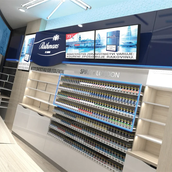 Factory custom department store center Cigarette kiosk display bar counter Wooden tobacco display shelves