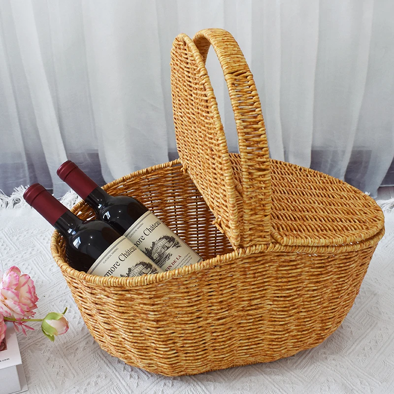 Handmade PP Plastic Picnic Basket Rattan Woven Storage Style with Lid Wholesale Wicker Picnic Basket