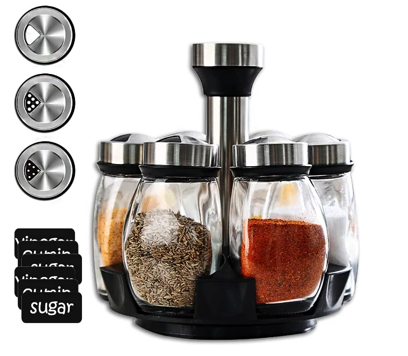 6-Jar Seasoning Organizer Holder 360° Rotation Shelf Tower Set with 6 Glass Spice Refill Containers Jars