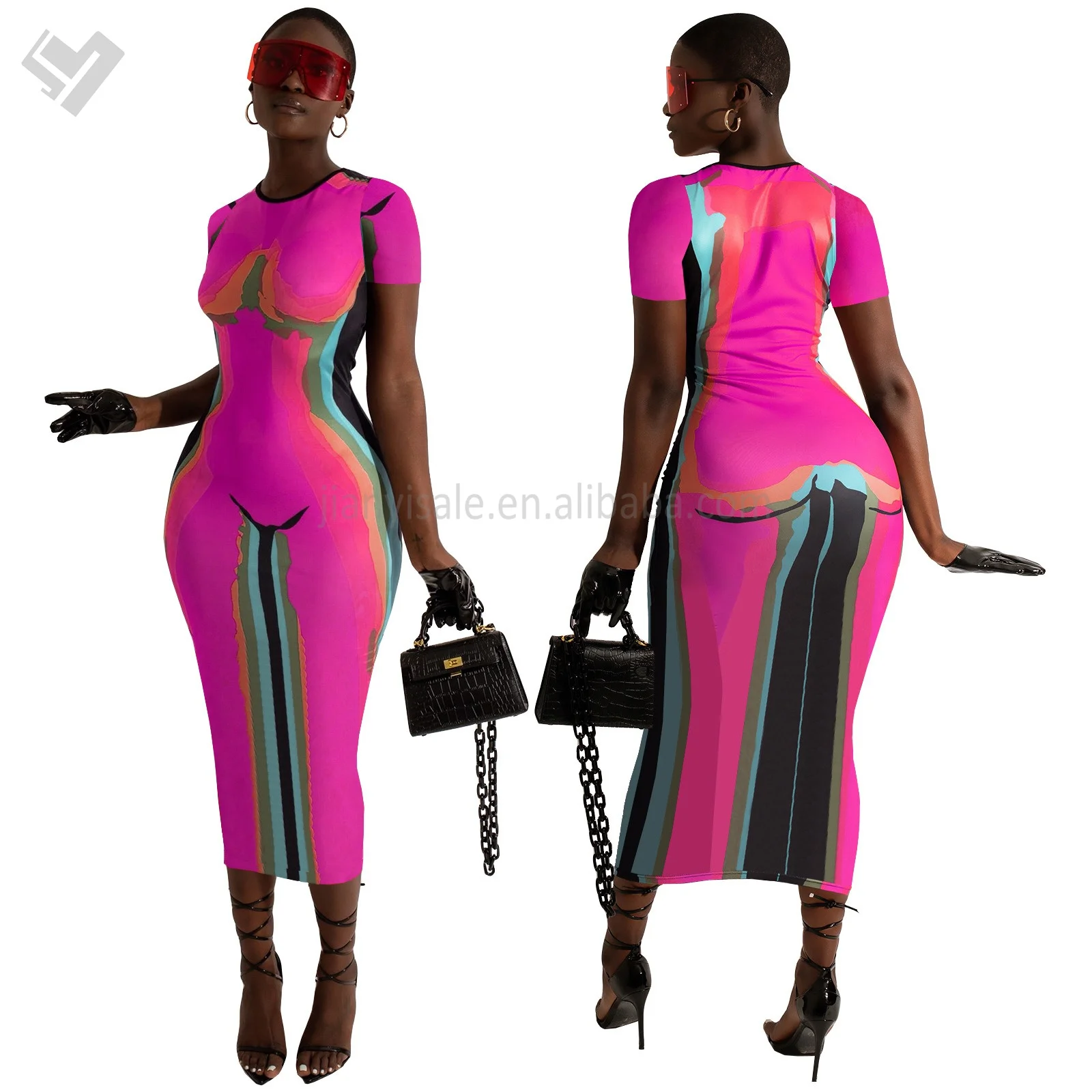 New Arrival 2024 Positioning Printed Round Neck Short Sleeved Womens Clothing Dress Party Sexy Club Bodycon Dresses