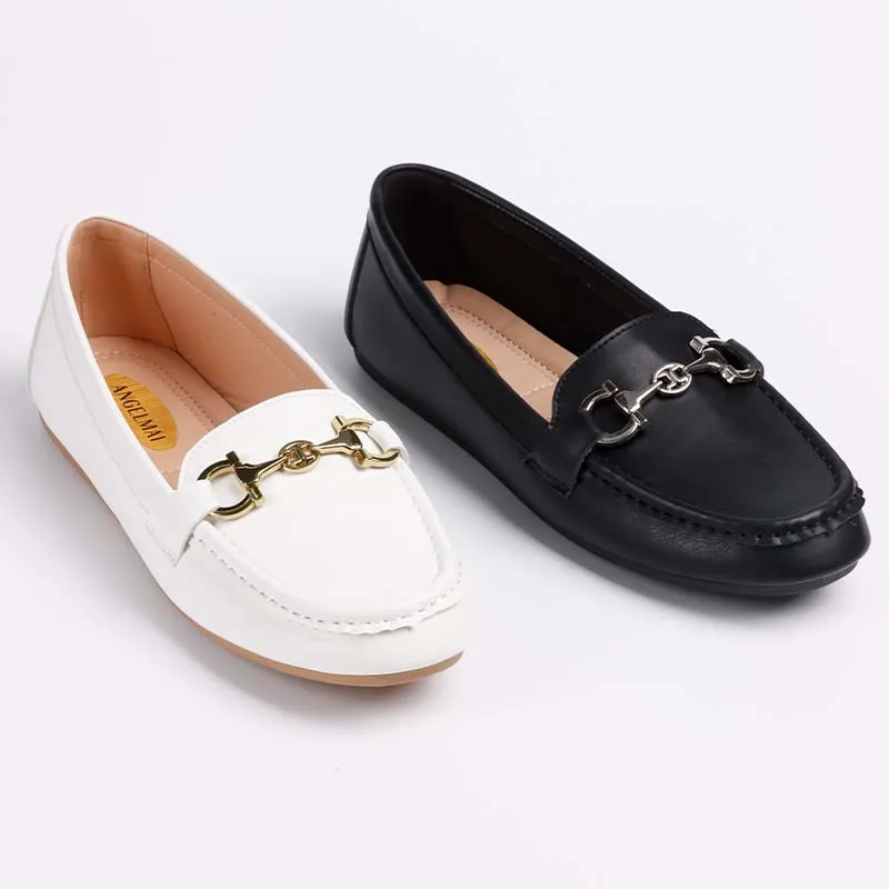 Gold Metal Buckle PU Leather Flats Shoes Ladies Soft Insole Women Moccasin Shoes Casual Anti-Slip Dating Holiday Commuting Shoes