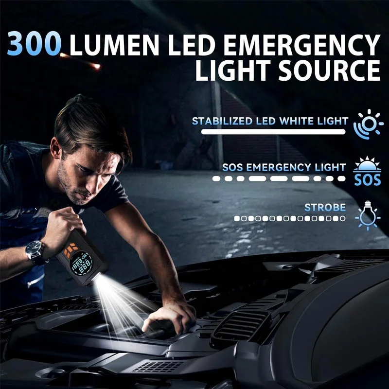 2024 Wholesale New 12V Car Air Pump with Emergency LED Light Portable 8000mAh Jump Starter Battery Tire Inflator