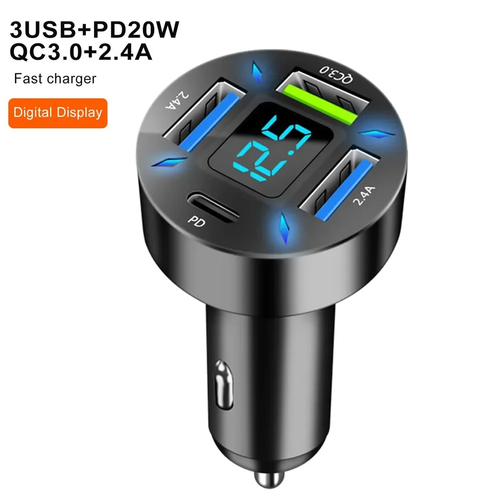 4 Port USB Car Charger 50W PD & QC3.0 Cigarette Lighter USB Charger LED Voltmeter Fast Charger for iPhone Android Samsung iPad