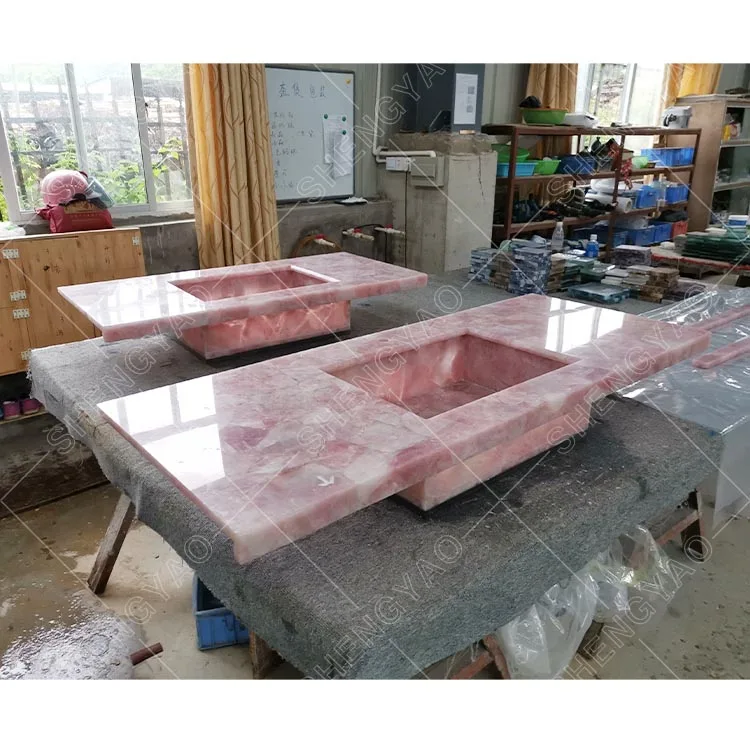 Natural Gemstone Pink Quartz Solid Marble For Bathtub Wash Basin