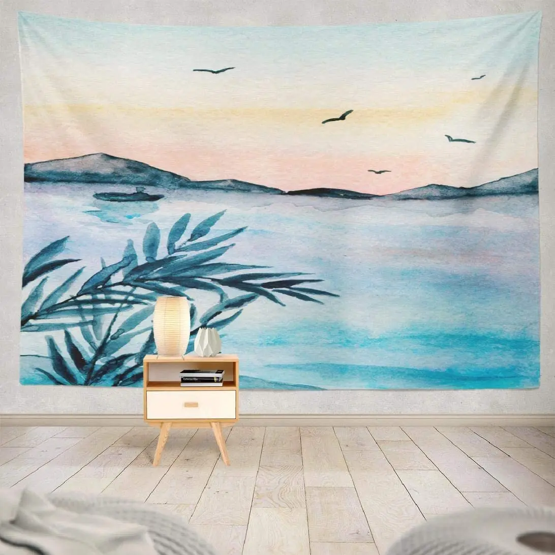 
Sunset Sky and Blue Tapestry Ocean Nature with Beach Pink Tapestries Pastel Tapestry 