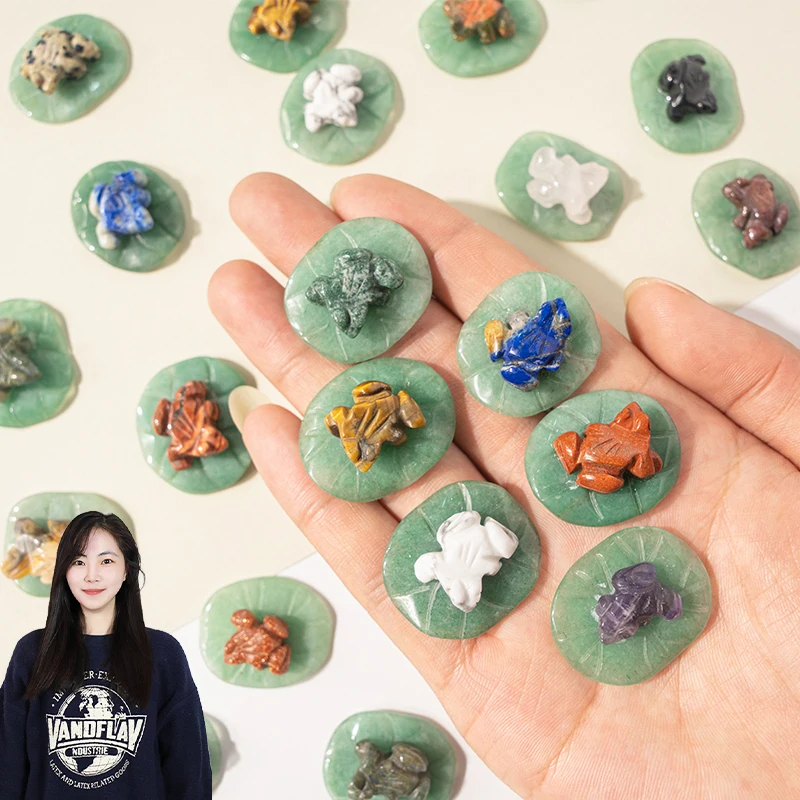 Wholesale natural gemstone carvings mixed stones carving crystal frog with lotus