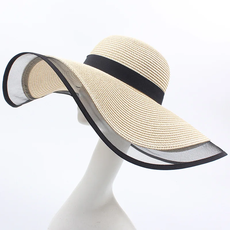 wholesale female elegant summer beach hats Mesh trimmed oversized women wide brim straw sun hats