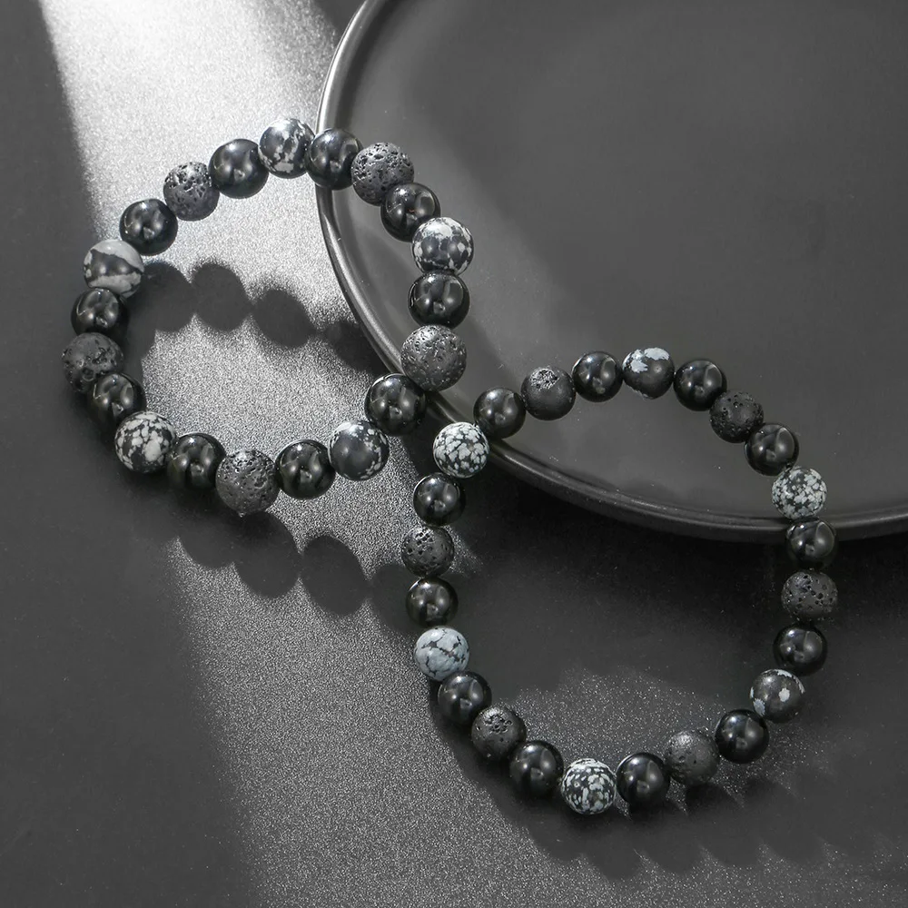 Classic 8/10 mm Natural Lava Snowflake Stone Beaded Bracelets For Women Men Handmade Elastic Beaded Bracelet Pulsera De Piedras