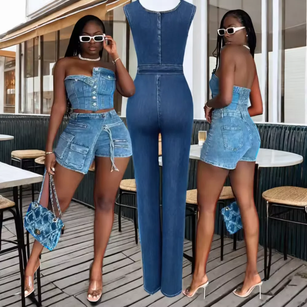 Unique Shorts Women 2 piece set Ladies Jeans Skirt Tank Top Sexy Jean Button Tight Fit Denim Tube Cropped Tops