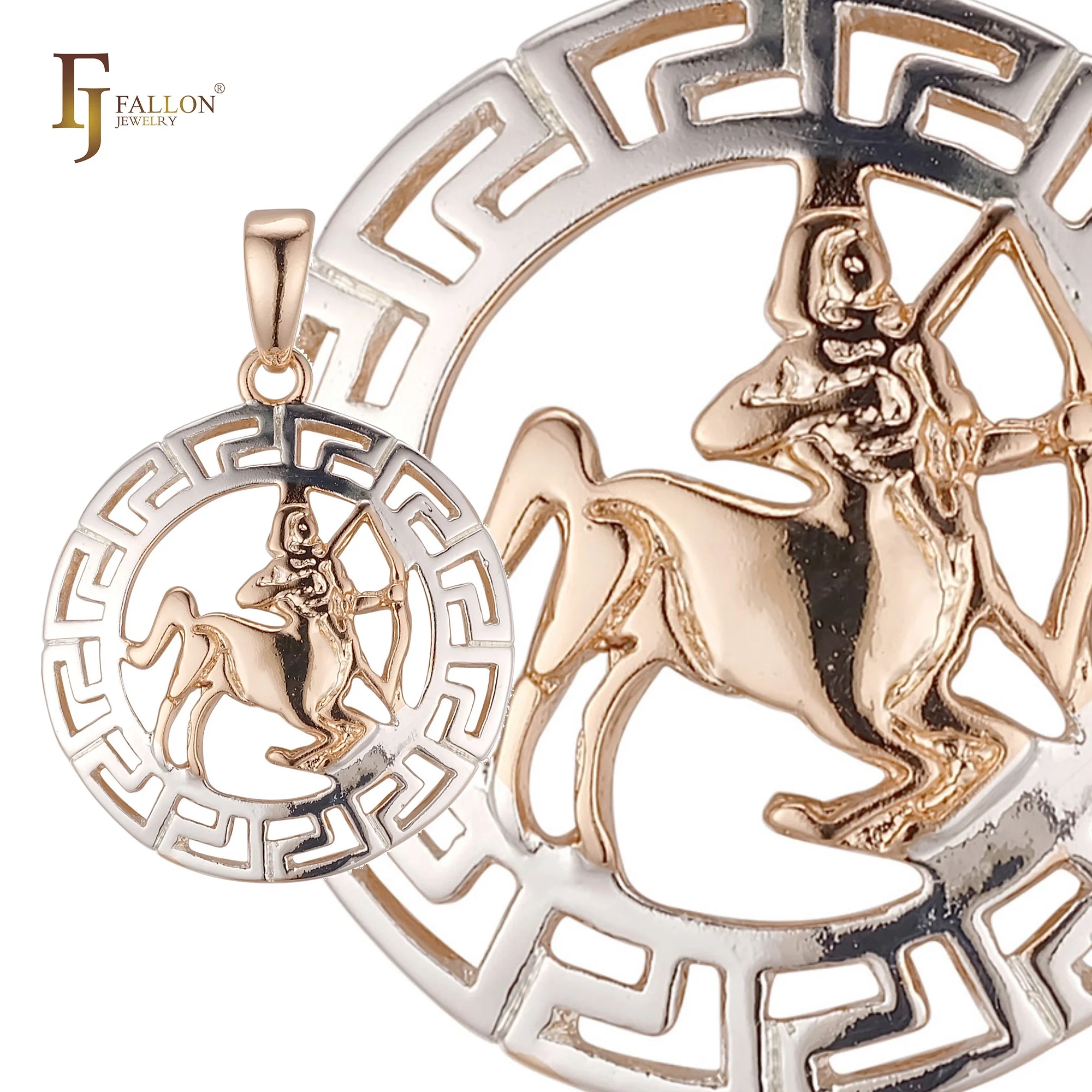 F96100053 FJ Fallon Fashion Jewelry Pendant Zodiac Greek Gey Halo of Sagittarius Plated in Rose Gold Two Tone