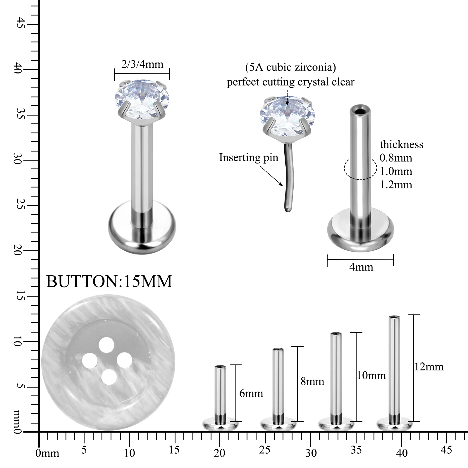 Wholesale G23 ASTM F136 Titanium Zircon Nose Stud Labret Internal Thread Push in Lip Ring Ear Tragus Lobe Body Piercing Jewelry