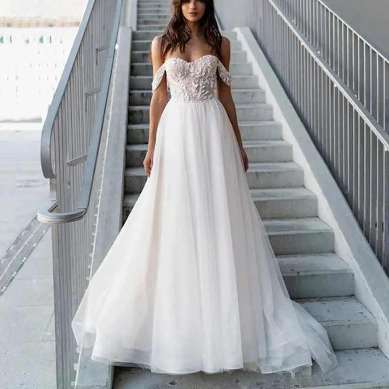 Lace Beach Sweetheart Neck Wedding Dresses For Women 2024 Off Shoulder A Line Applique With Pearl Bride Gown Custom Made