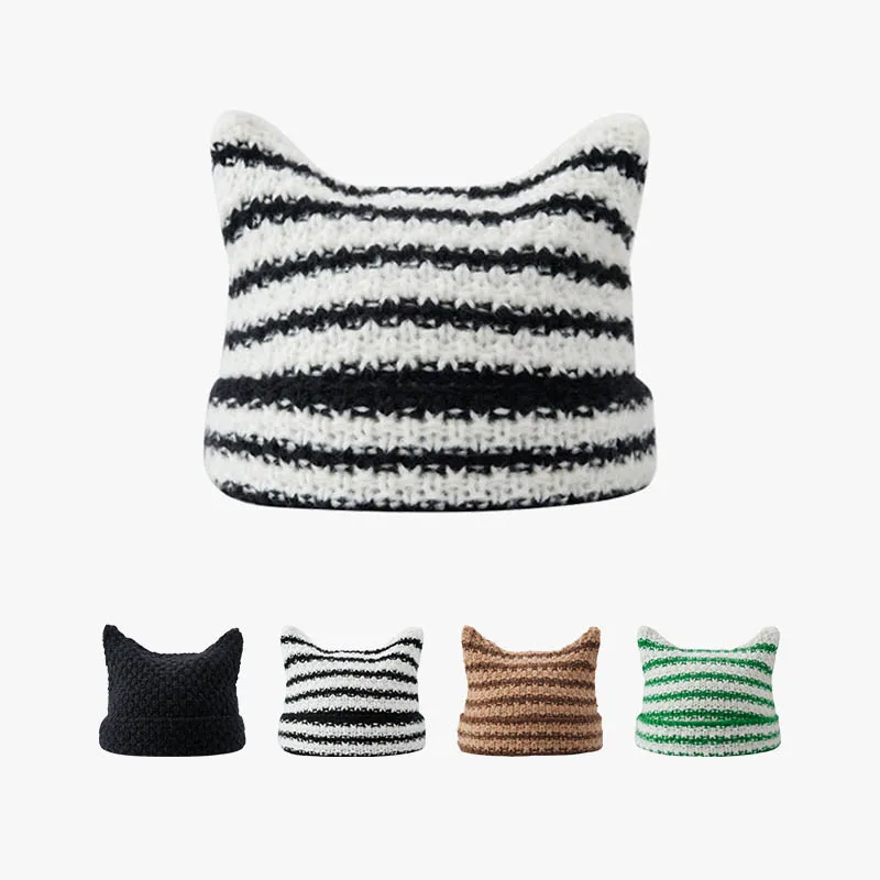New Fashion Cute Stripped Cat Ear Beanie Cap Winter Warm Knitted Hat for Wom Woman