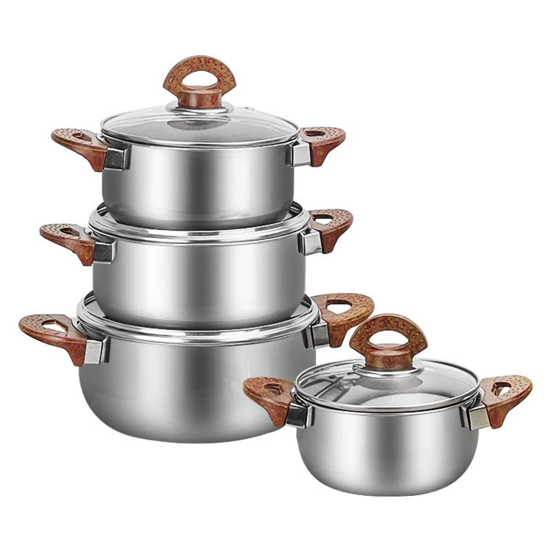 Casserole pot set 16-22cm factory wholesale soup pot set stainless steel cooking pot with wooden handle