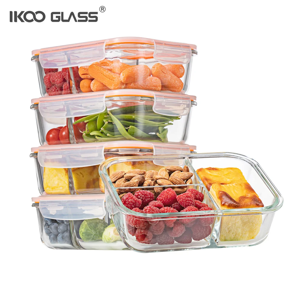 IKOO OEM/ODM герметичный контейнер для пищевых продуктов, стеклянный Ланч-бокс, набор с отделением для хранения продуктов, соусов и пищевых материалов